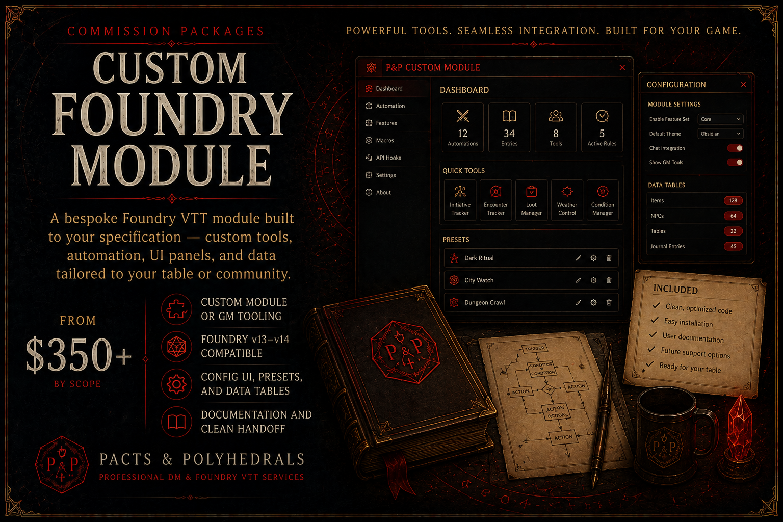 Custom Foundry Module commission package — from $350, priced by scope. A bespoke Foundry VTT module with custom tools or GM tooling, Foundry v13 to v14 compatibility, config UI, presets and data tables, and documentation with a clean handoff.