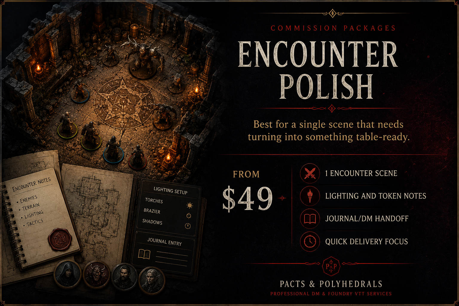Encounter Polish commission package — from $49. A single scene turned table-ready, including one encounter scene, lighting and token notes, journal and DM handoff, and a quick-delivery focus.