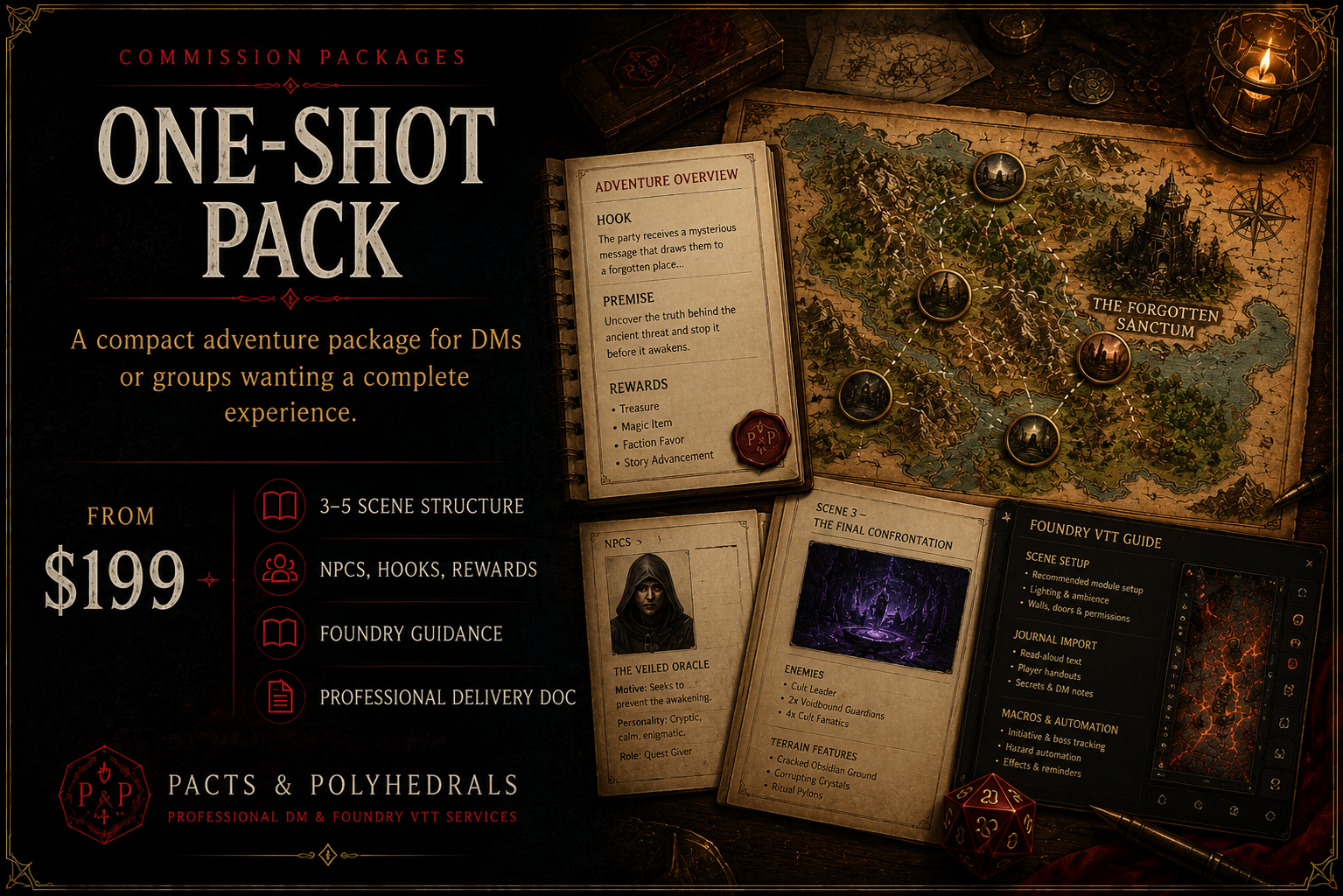 One-Shot Pack commission package — from $199. A compact adventure with a 3 to 5 scene structure, NPCs, hooks and rewards, Foundry guidance, and a professional delivery document.